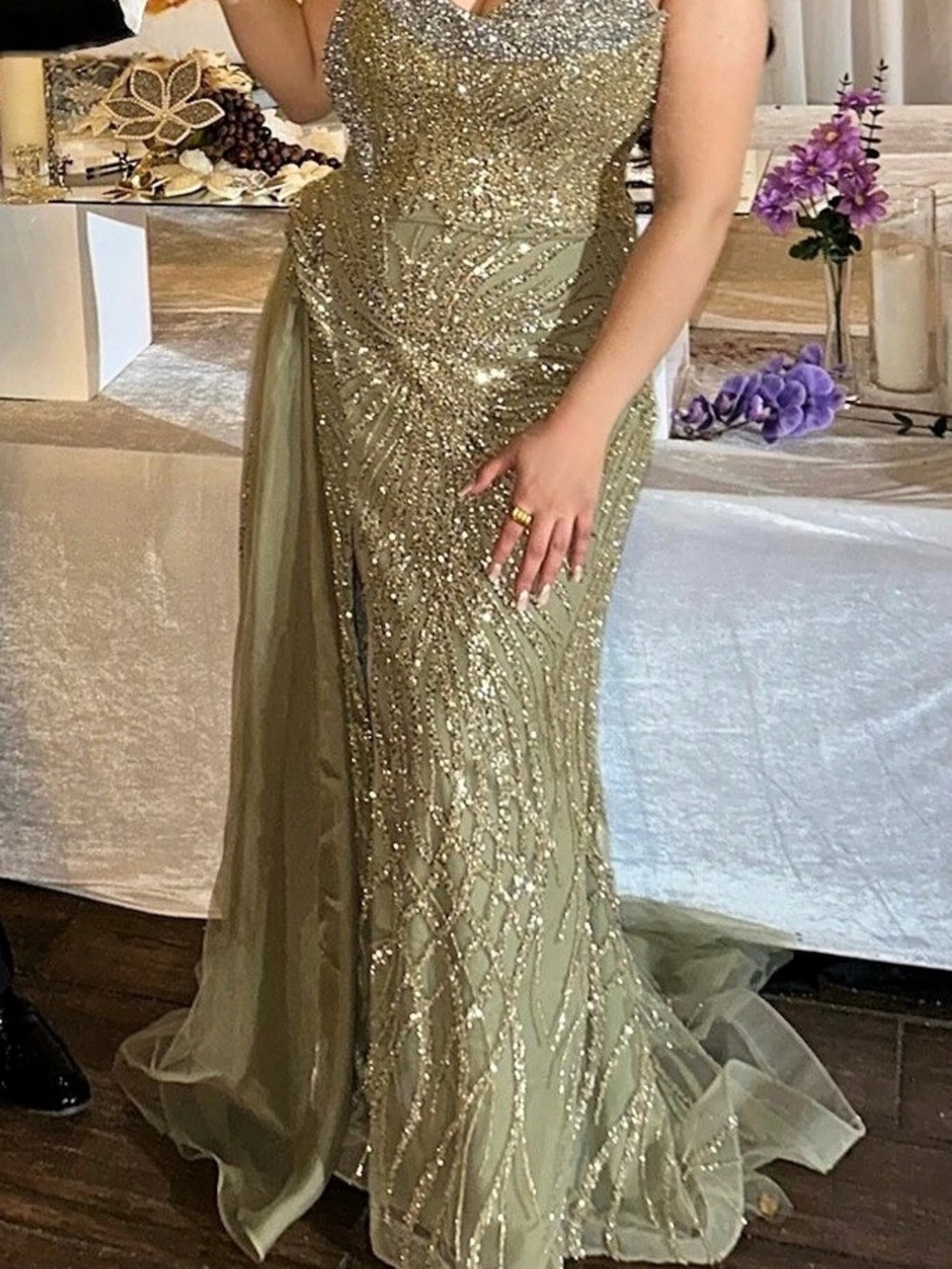 Sequin Embellished Maxi Dress in Green & Silver Like New